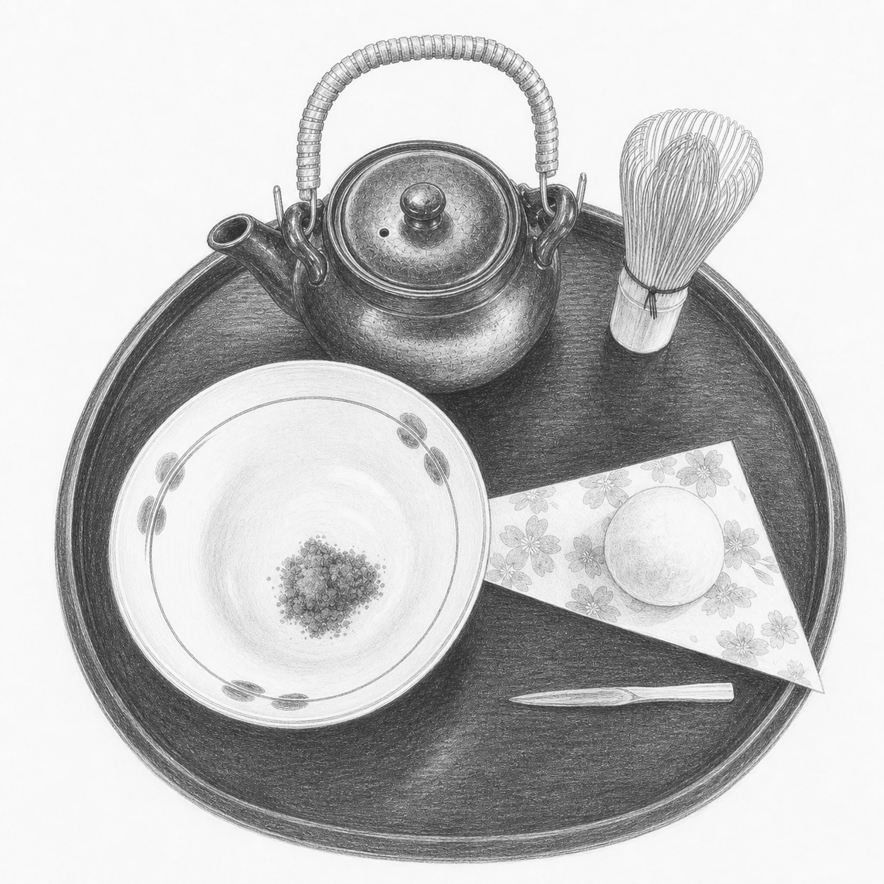 黒い丸盆に、抹茶の粉を小さく盛った白磁の茶碗、籐を巻いた提げ手の鉄瓶、竹の茶筅、桜柄の懐紙に載せた白い大福と菓子切りを並べた抹茶セットを、昭和文芸誌の手描き挿絵風に描いた料理画