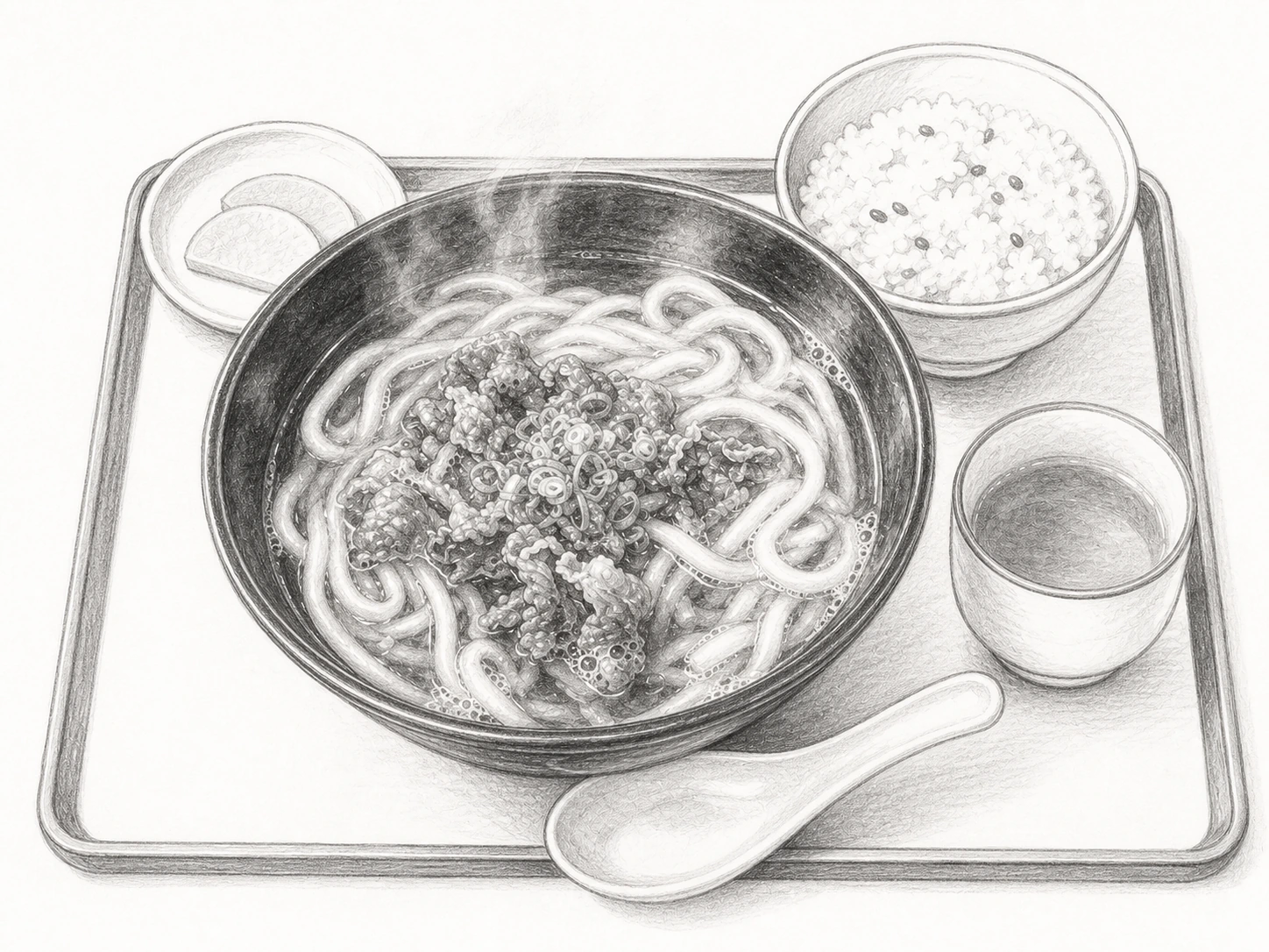 黒い丼に澄んだつゆのうどんを盛り、牛肉の薄切りと刻んだ青ねぎをのせ、盆に雑穀まじりの飯の小椀とつけものの小皿、白い散り蓮華を添えた一膳を、昭和文芸誌の手描き挿絵風に描いたモノクロ鉛筆の一枚