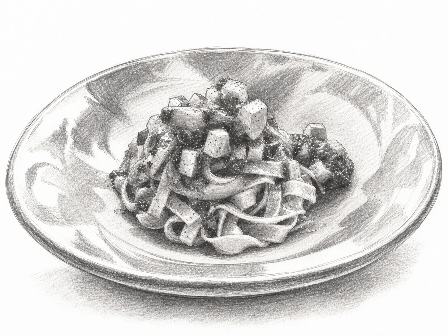 染付の深皿に盛ったタリアテッレのトマトパスタに、賽の目に切った夏野菜が絡む一皿を、昭和文芸誌の手描き挿絵風に描いたモノクロ鉛筆の料理画
