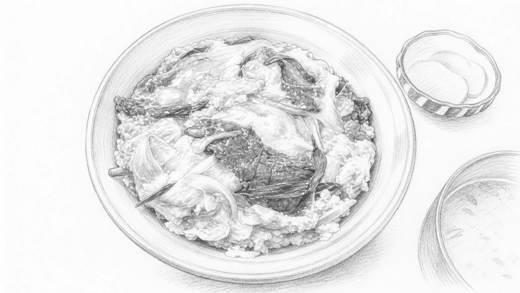 丼によそった他人丼に、薄切りの牛肉と固まりきっていない卵、青ねぎがのり、脇に味噌汁とたくあんの小皿が添えられた一膳を、昭和文芸誌の手描き挿絵風に描いた一枚