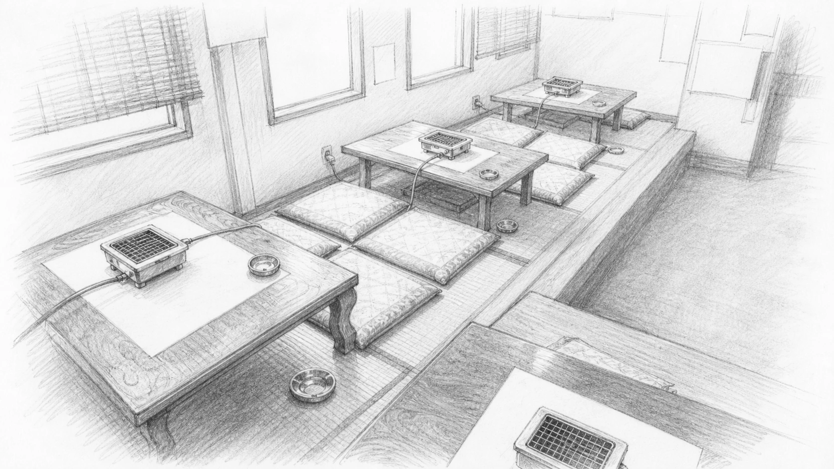 人のいない座敷に低い座卓が並び、どの卓にも小さな焼き網が置かれている店内を、昭和文芸誌の手描き挿絵風に描いた一枚