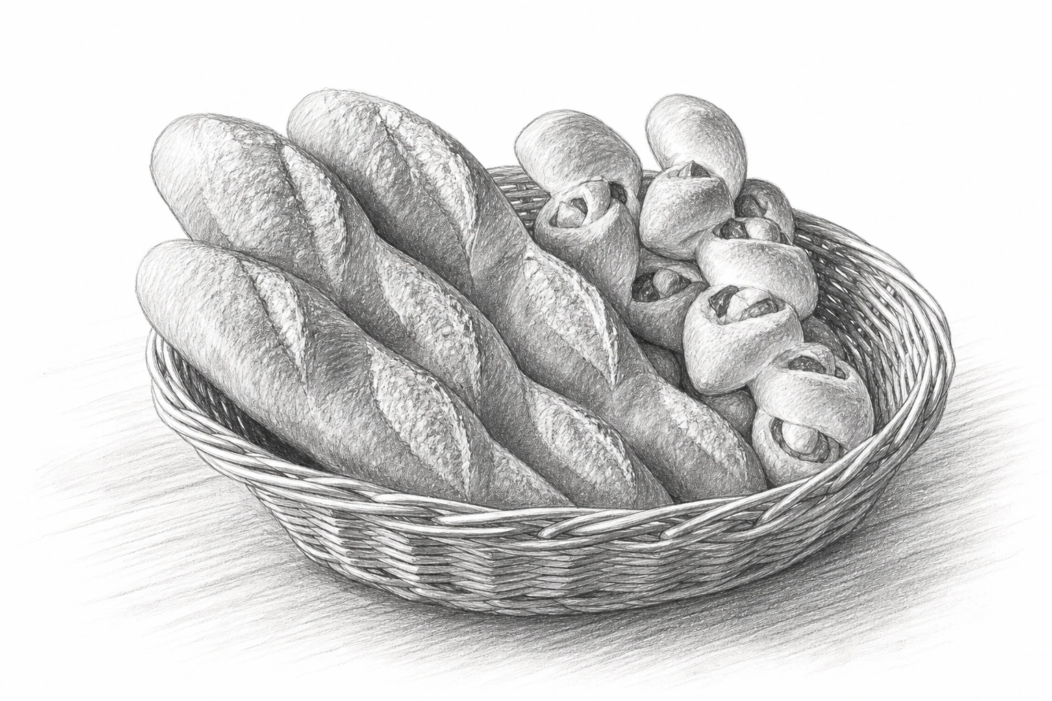 籐のかごに立てて盛られたバタールとベーコンエピを、昭和文芸誌の手描き挿絵風に描いたモノクロ鉛筆の料理画