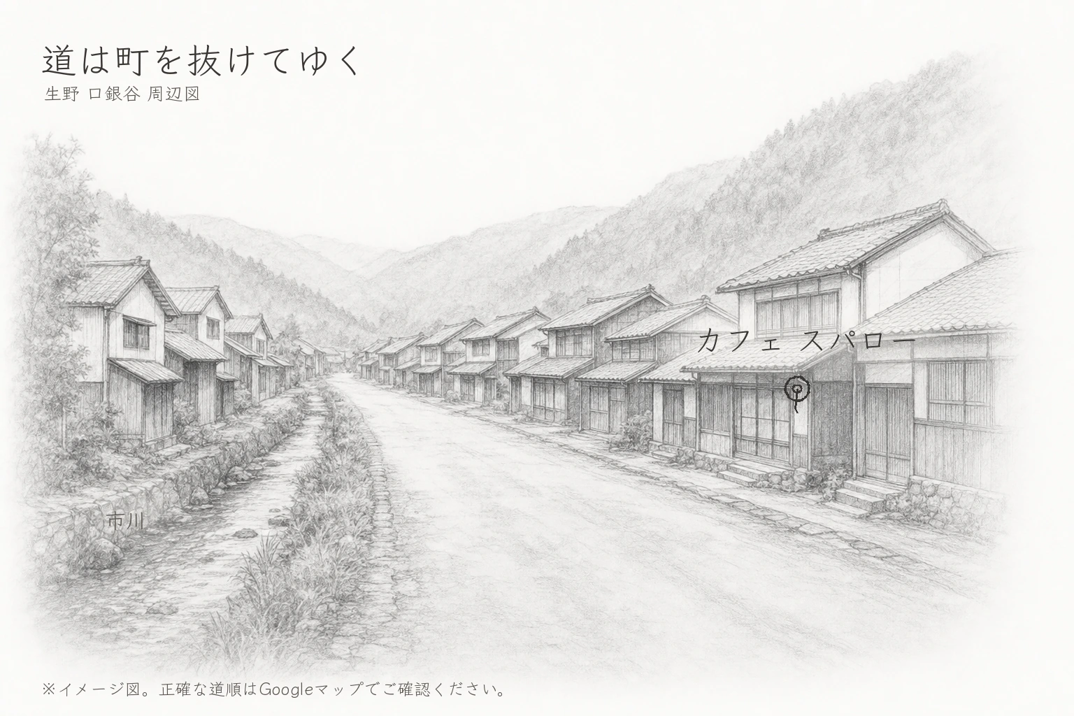 谷筋を抜ける道の両側に銀山町の古い町家がまばらに連なり、道の脇に市川が流れ、遠くに低い山が重なる生野・口銀谷の道沿いの町並みを、手描き鉛筆スケッチ風に描いたイメージ地図