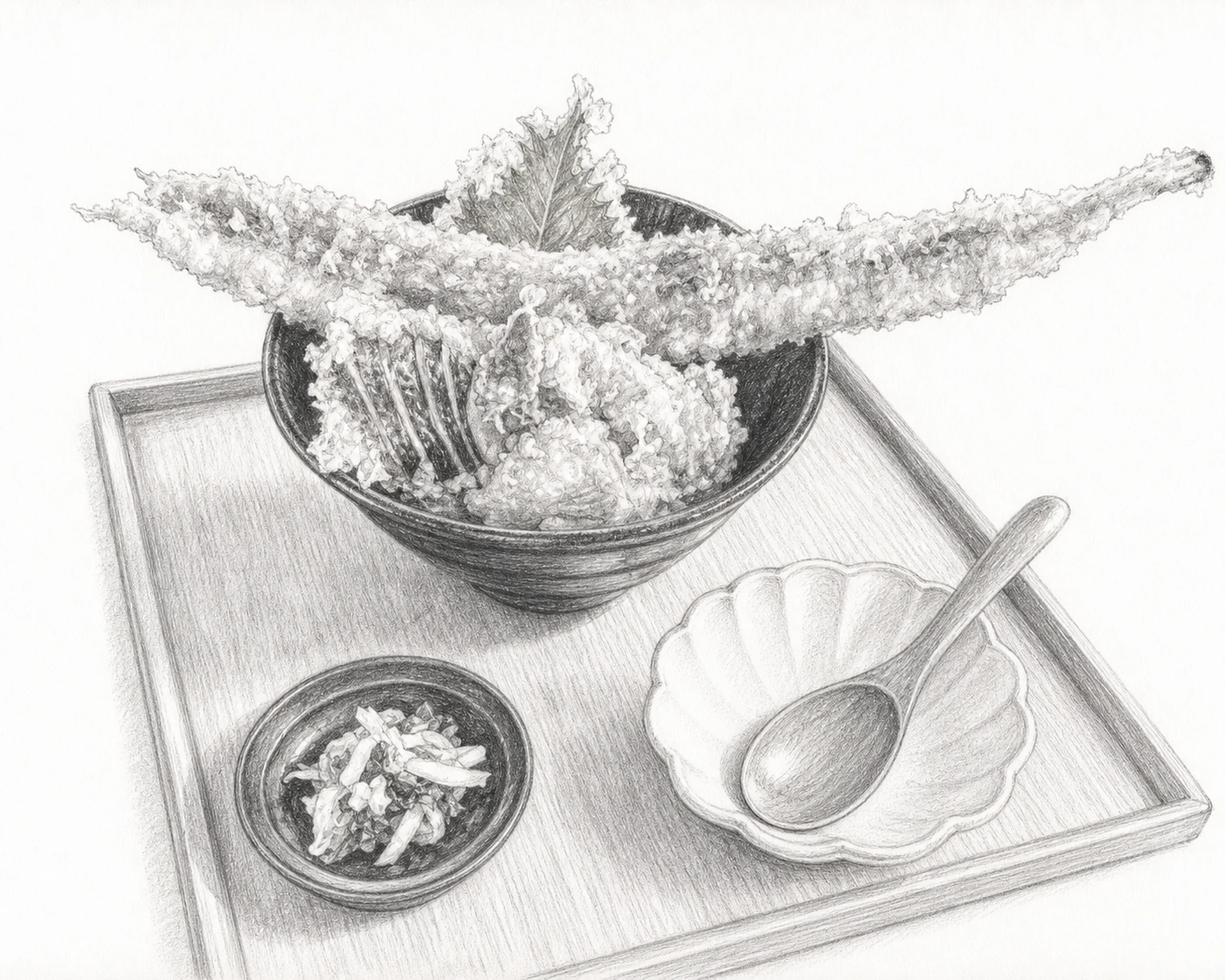 黒い丼の飯の上に、縁から両側へ長くはみ出した穴子の天ぷら二本と、青じそ、玉ねぎ、茄子の天ぷらを盛り、木の盆に漬物の小鉢と木の匙を添えたあなご天丼を、昭和文芸誌の手描き挿絵風に描いた料理画