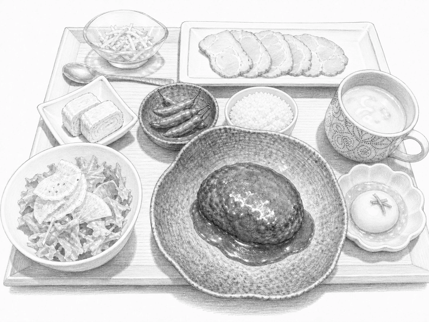 白木の盆に、焼き締めの大皿にのせた煮込みハンバーグを中心として、大根のなます、出汁巻たまご、甘長唐がらしの炊いたん、蓮根のまんじゅう、薄切りのハムを並べた長皿、サラダ、飯、取っ手のある器の冷たい汁がならぶ週替わりの膳を、昭和文芸誌の手描き挿絵風に描いたモノクロ鉛筆の記憶スケッチ